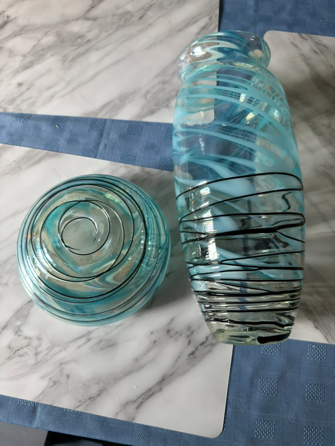 Blue Swirl Glass Vase and Bowl Set - photo 3