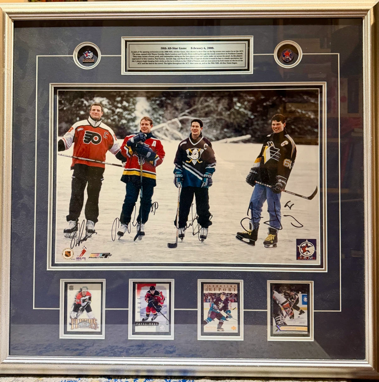 Framed 50th NHL All-Star Game signed photo and card set