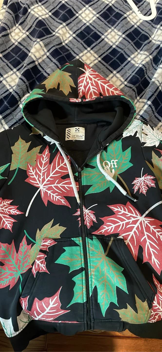 Off-White Zip-Up Hoodie - Maple Leaf Print