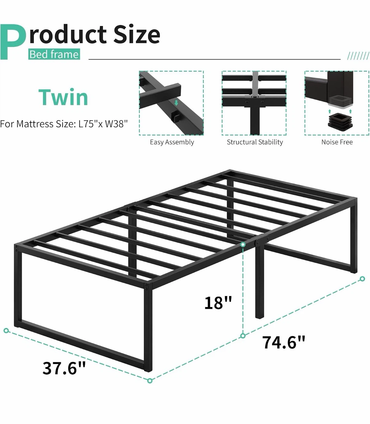 Black Metal Twin Bed Frame + Optional Memory Foam Mattress - photo 2