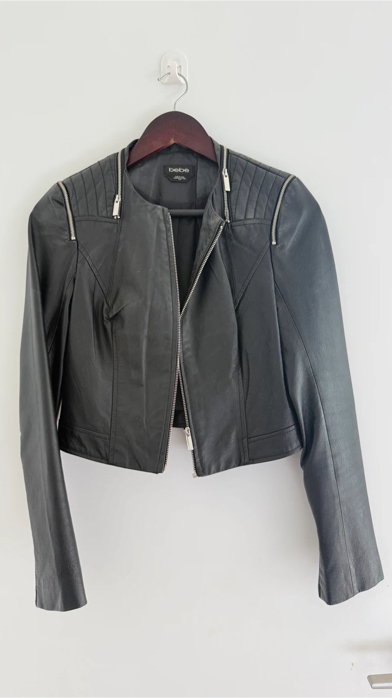 Bebe Black Leather Cropped Moto Jacket