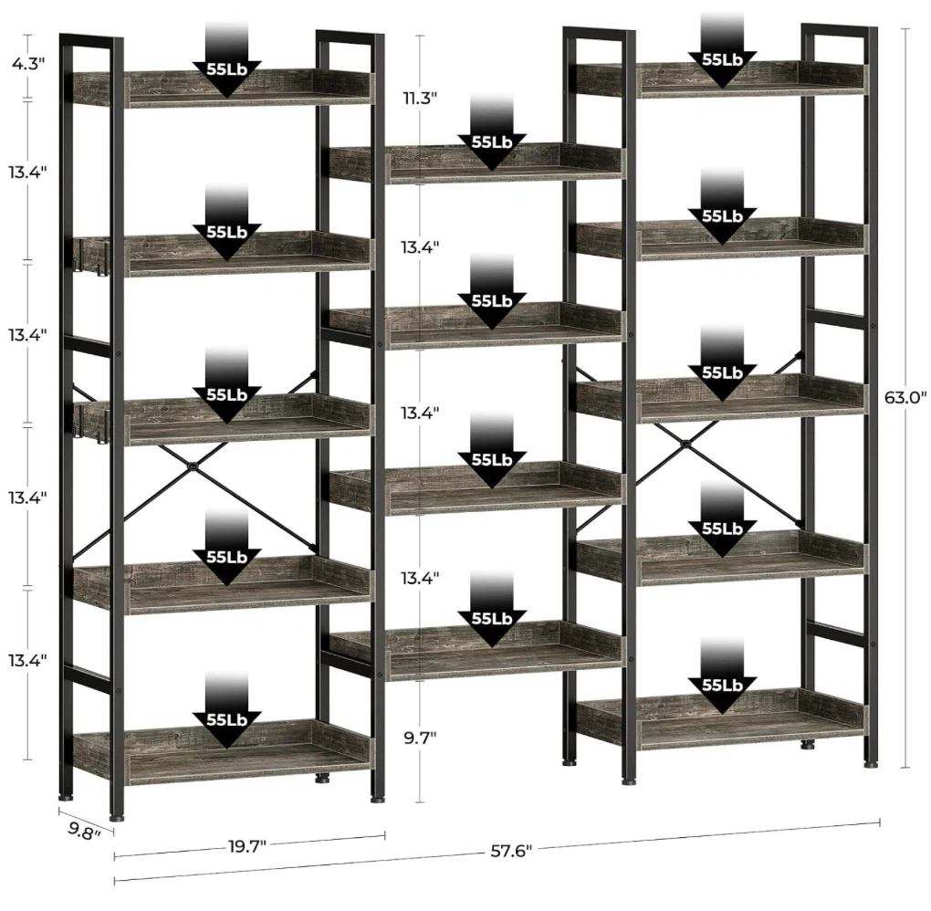 Rolanstar Triple Bookshelf, 5 Tier- 14 Shelves - photo 2