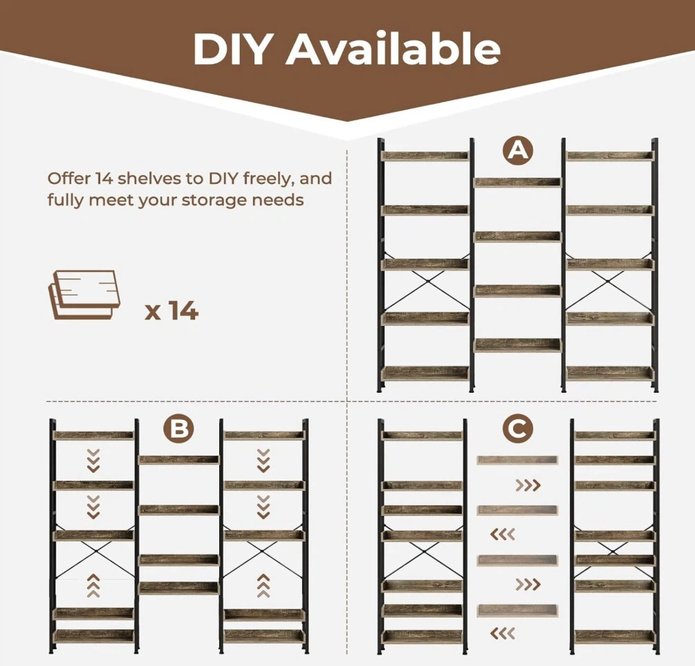 Rolanstar Triple Bookshelf, 5 Tier- 14 Shelves - photo 3