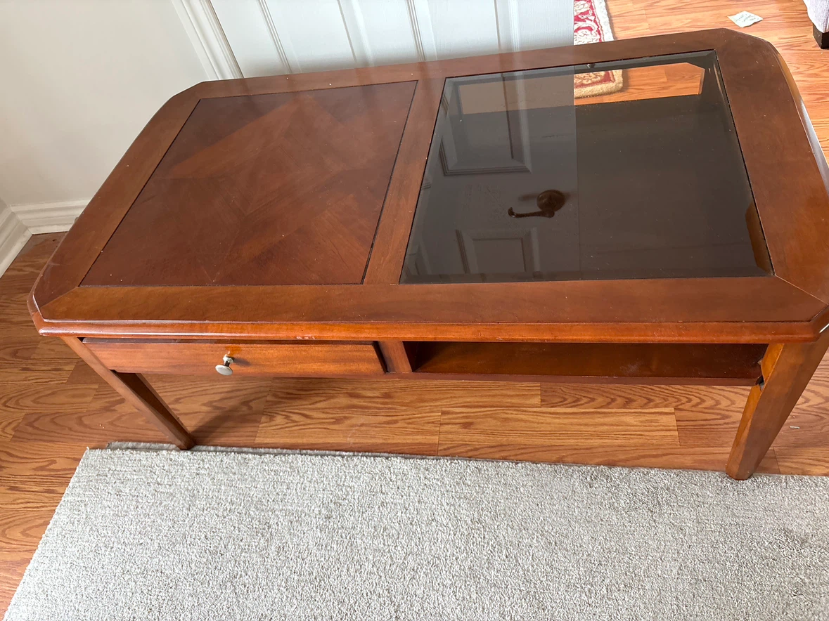 Wooden Coffee Table with Glass Insert and Drawer - photo 2