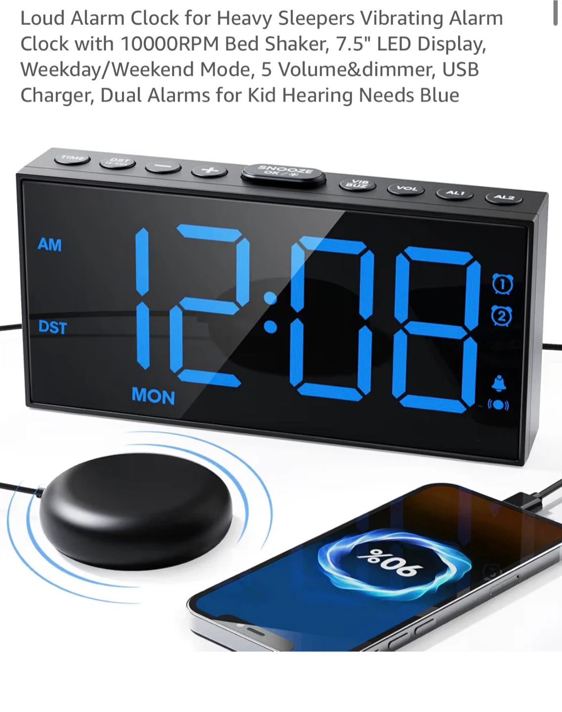 Loud Vibrating Alarm Clock with Bed Shaker