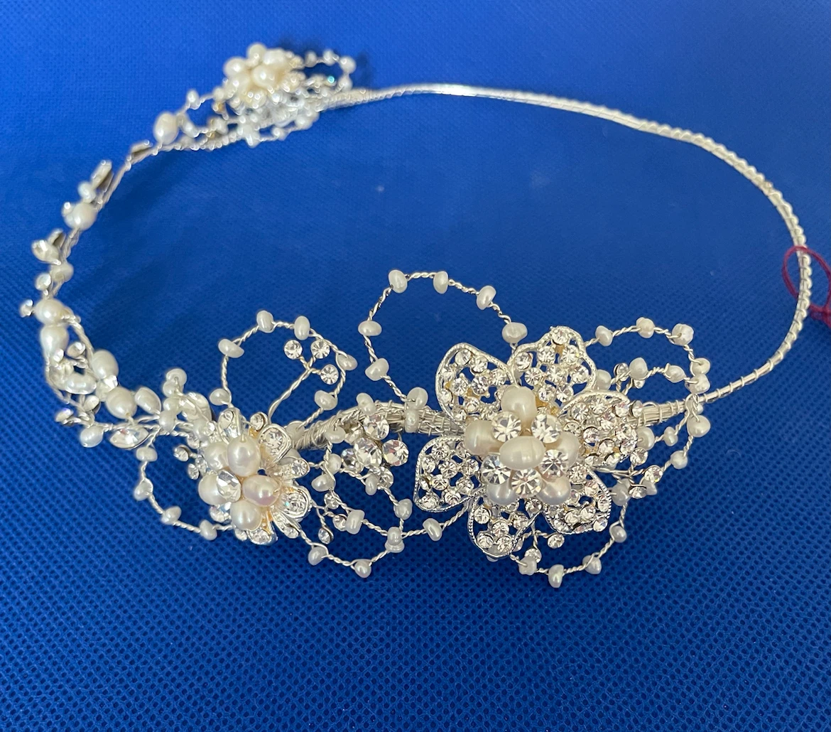 Silver Floral Tiara with Freshwater Pearls and Crystals