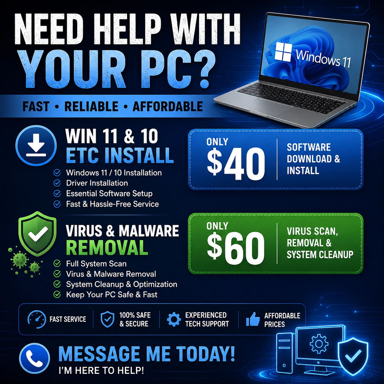 PC Help: Windows Install & Virus Removal Services