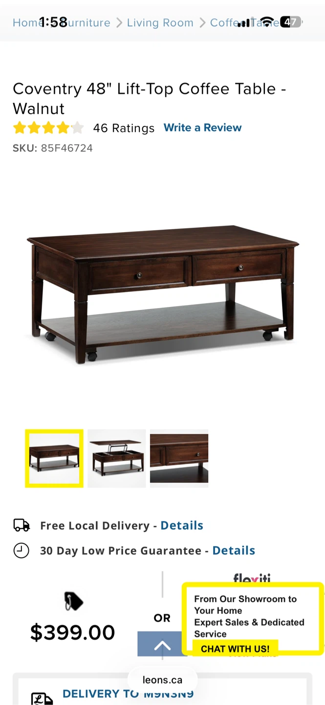 Coventry 48" Lift-Top Coffee Table - Walnut