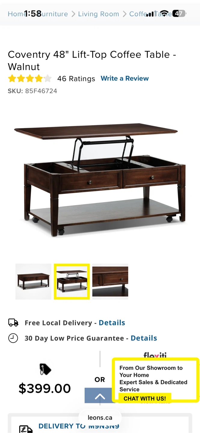 Coventry 48" Lift-Top Coffee Table - Walnut - photo 2
