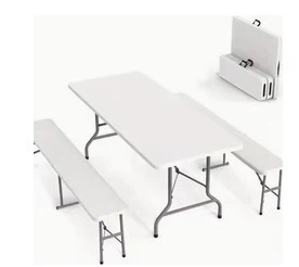 2 White Folding Table with Two Benches - photo 2