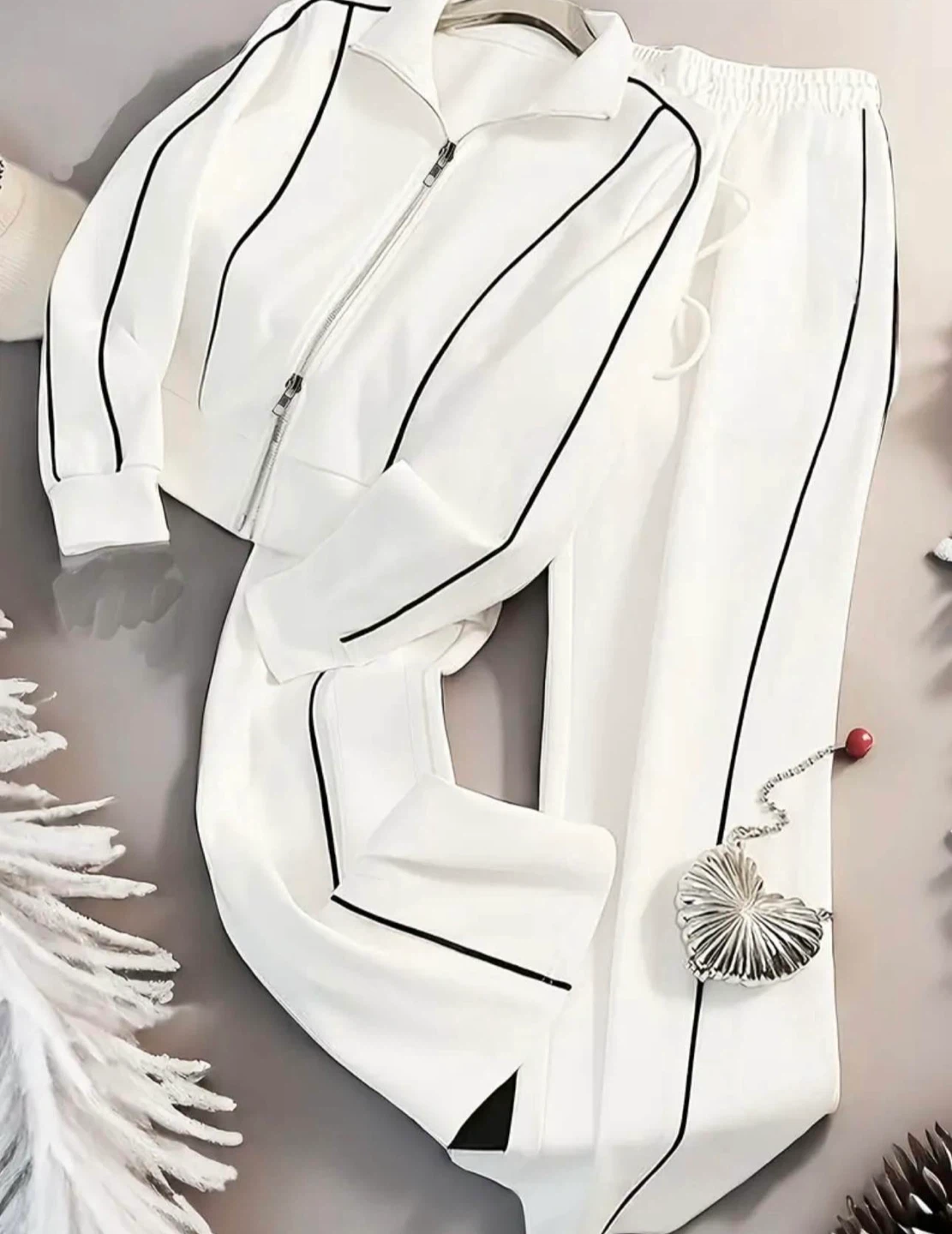 White Tracksuit Set with Black Piping