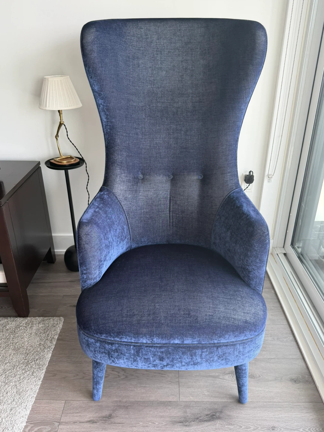 Blue Velvet Wingback Chair with Toile Pattern