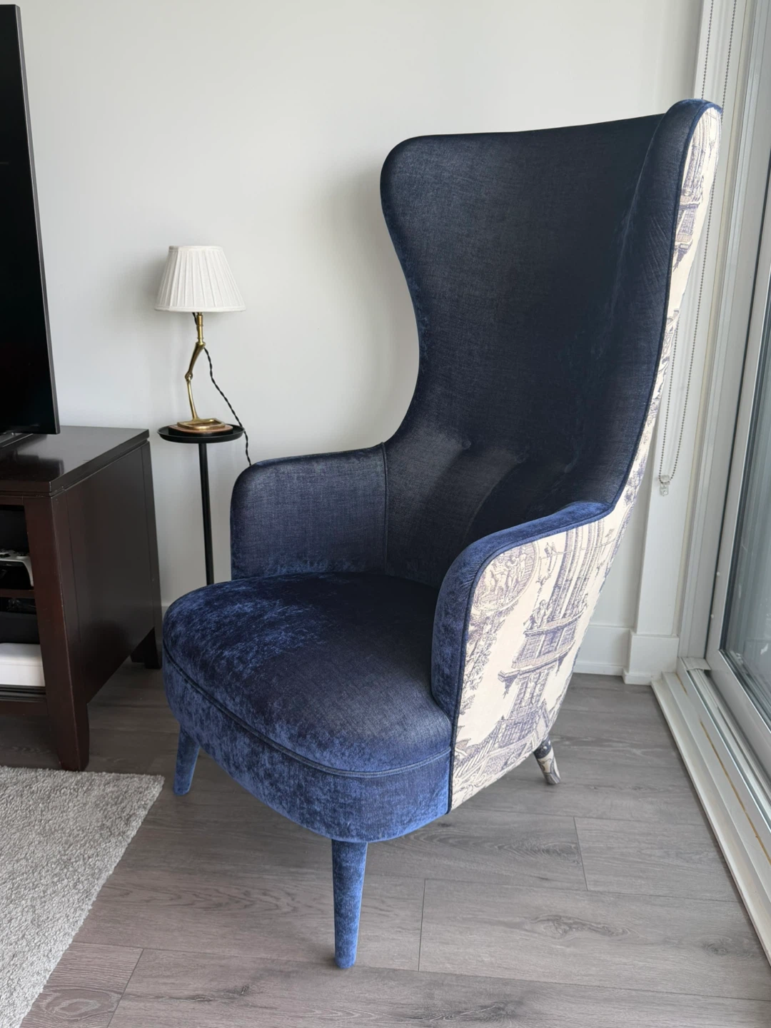 Blue Velvet Wingback Chair with Toile Pattern - photo 2