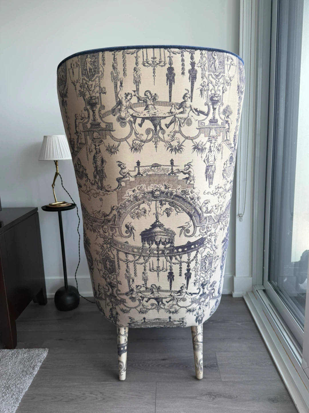 Blue Velvet Wingback Chair with Toile Pattern - photo 3
