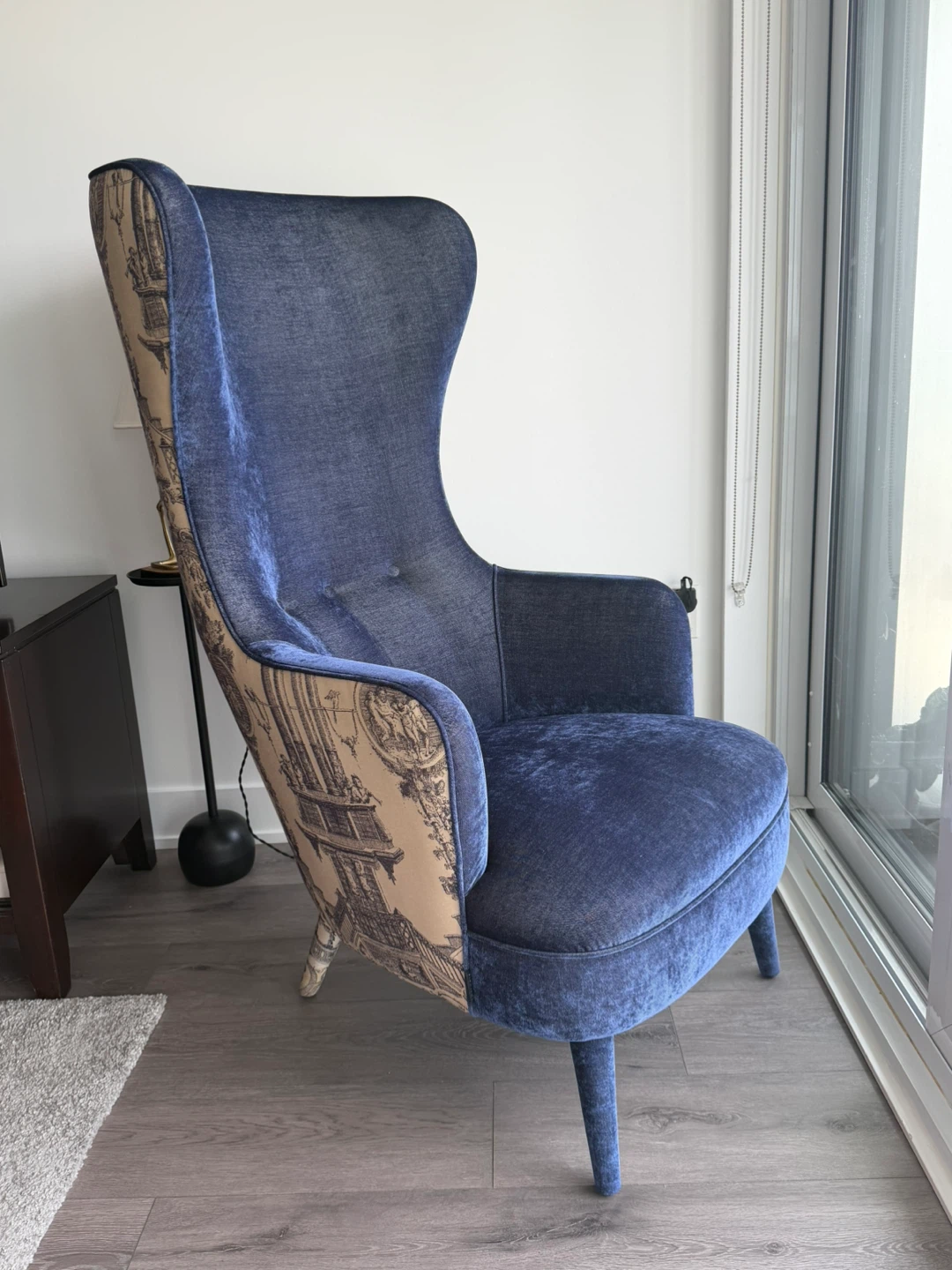 Blue Velvet Wingback Chair with Toile Pattern - photo 5