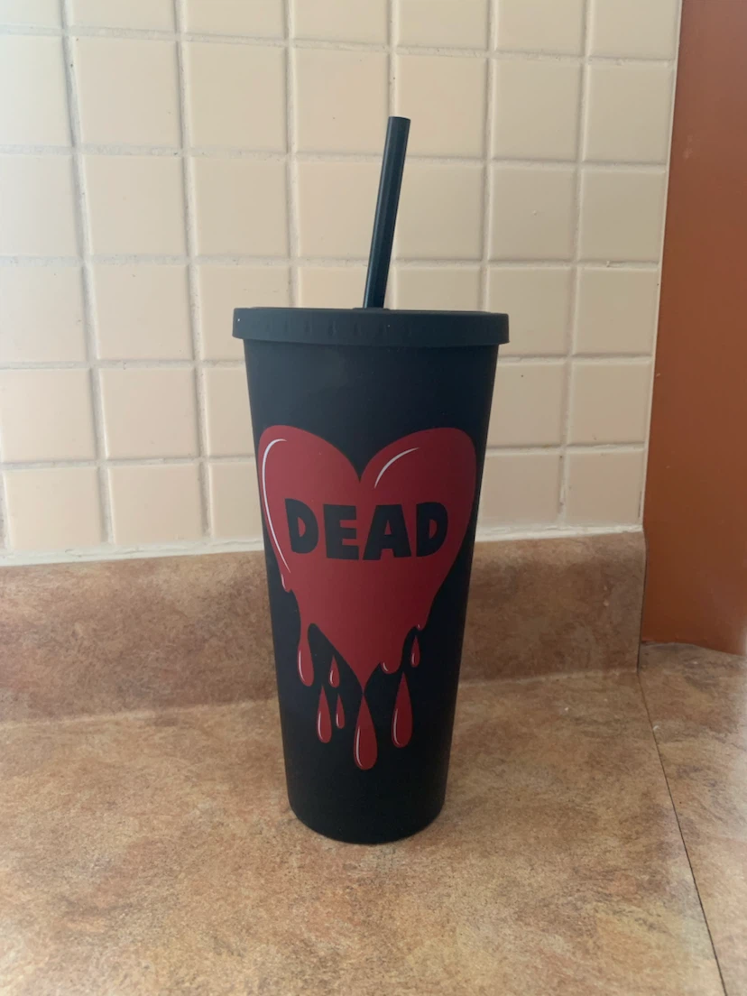 Black Tumbler with "DEAD" Heart Design