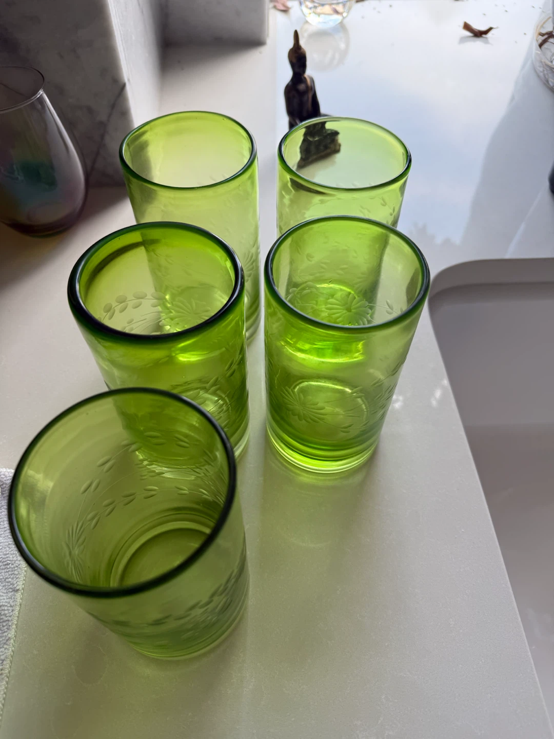 Green Glass Tumblers with Floral Etching (Set of 5)