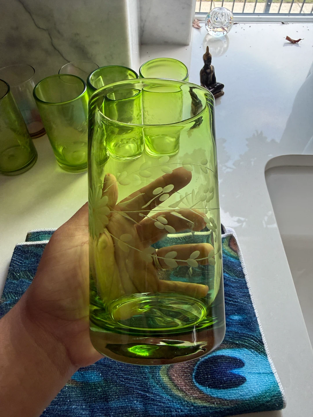 Green Glass Tumblers with Floral Etching (Set of 5) - photo 3