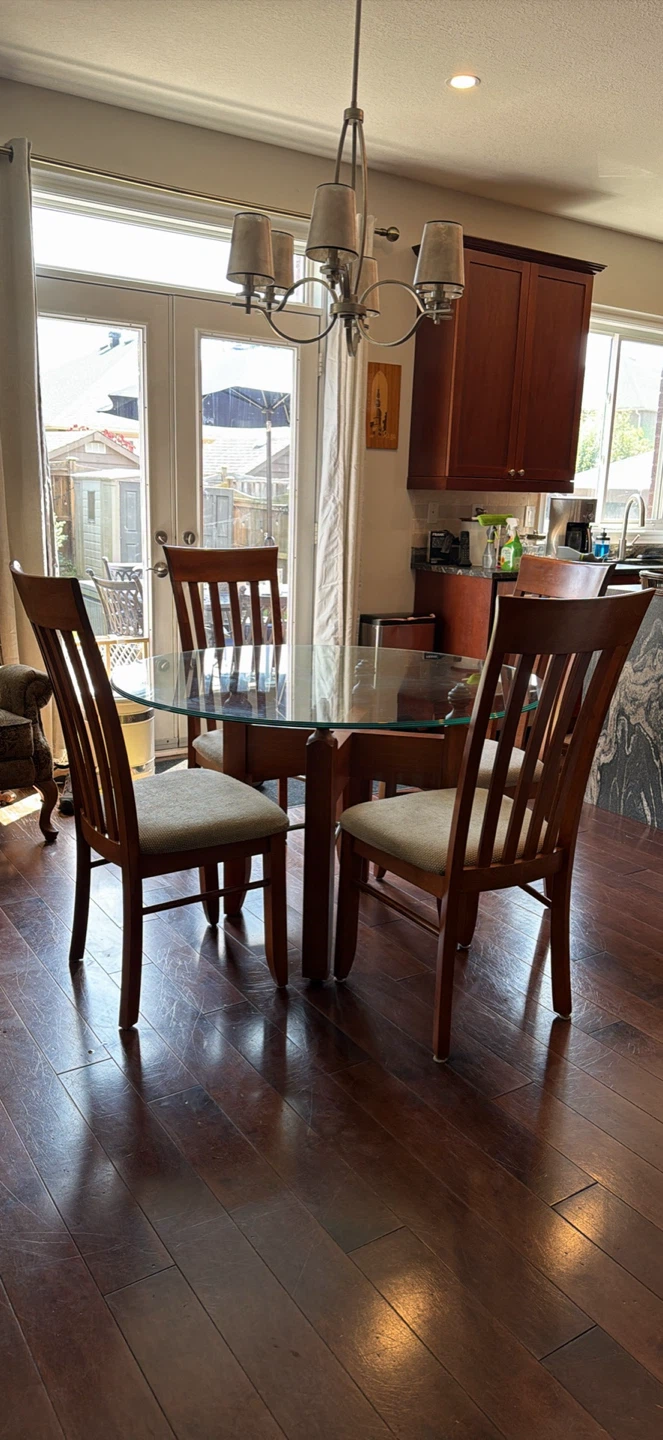 Round Glass Dining Table with Wooden Base 48”