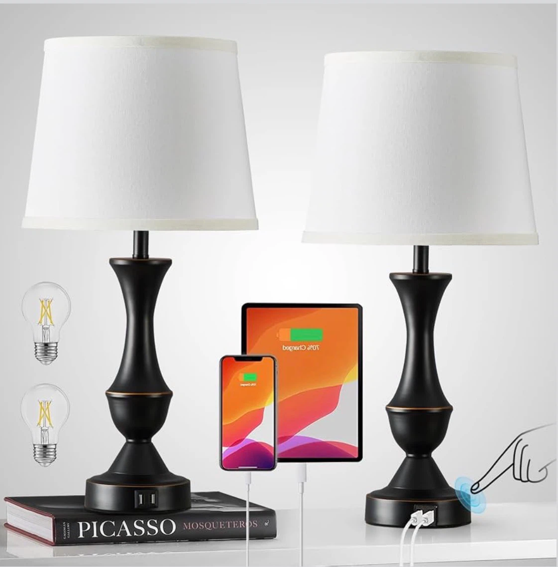 Set of 2 Black Table Lamps with USB Charging Ports - photo 3