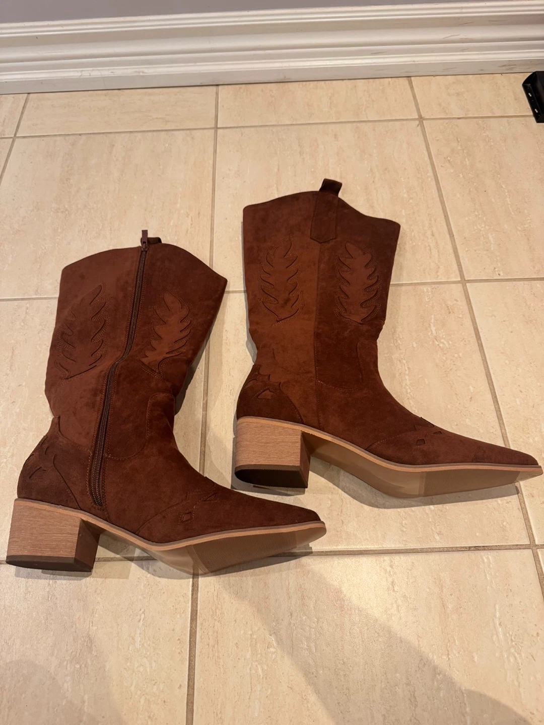 Brown Faux Suede Cowboy Boots