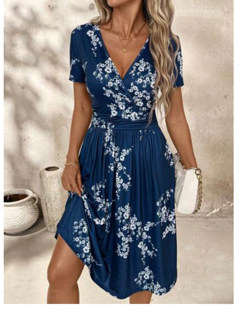 Women's Blue Floral Print Wrap Dress