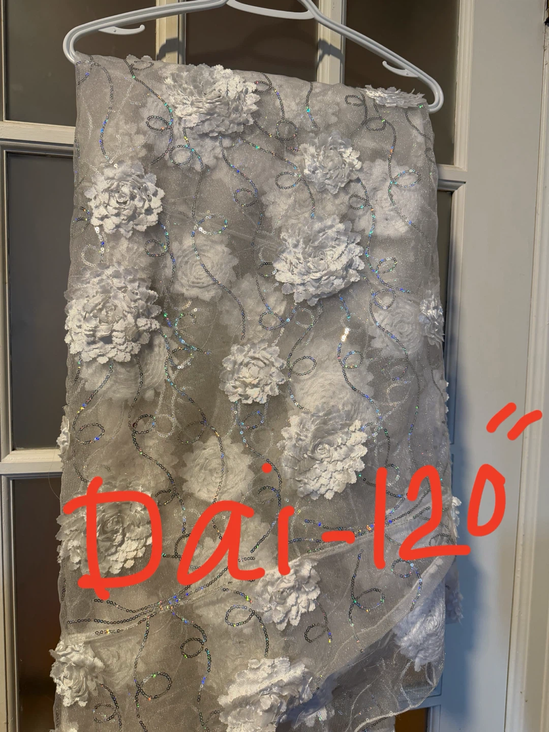 White Lace Fabric with 3D Flowers and Sequins - photo 2