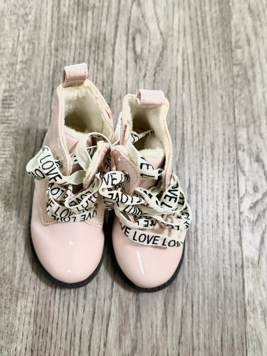 New H&M - Pink Faux Leather Boots with "LOVE" Laces