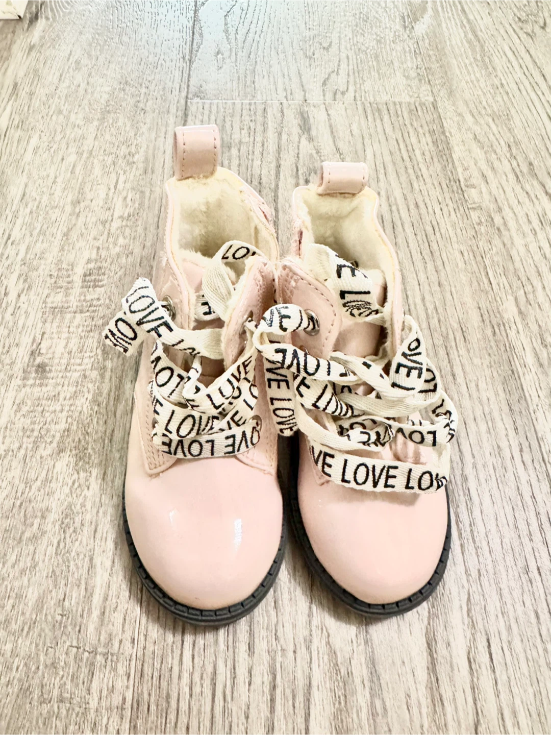 New H&M - Pink Faux Leather Boots with "LOVE" Laces - photo 2