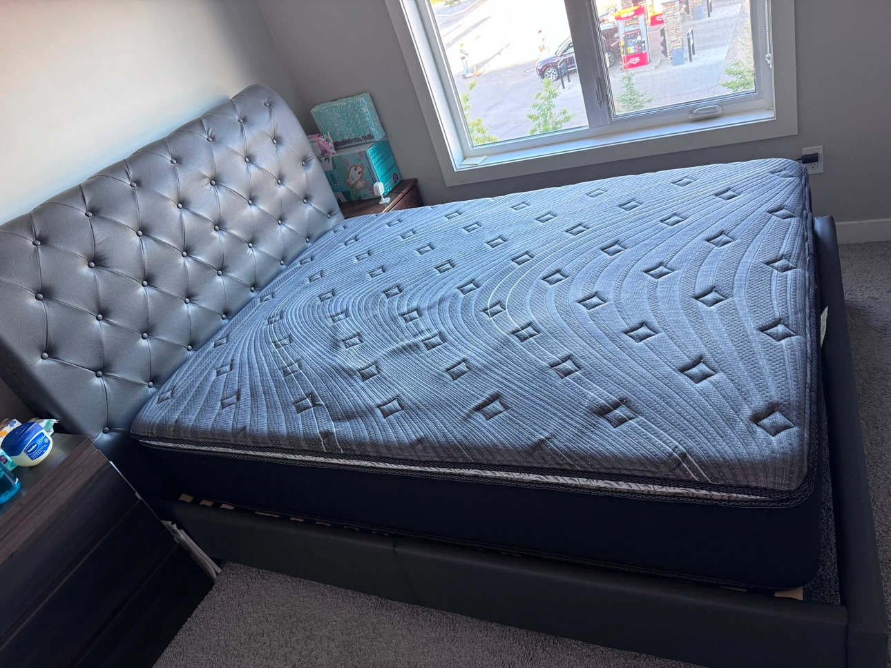 Grey Tufted Headboard and Mattress Set