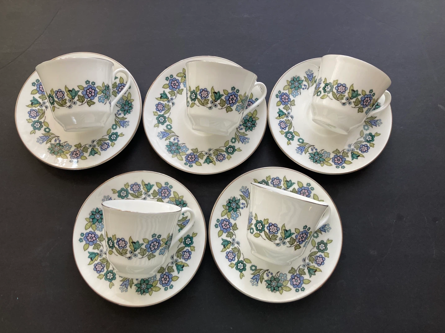 Set of 5 Vintage Floral Teacups and Saucers