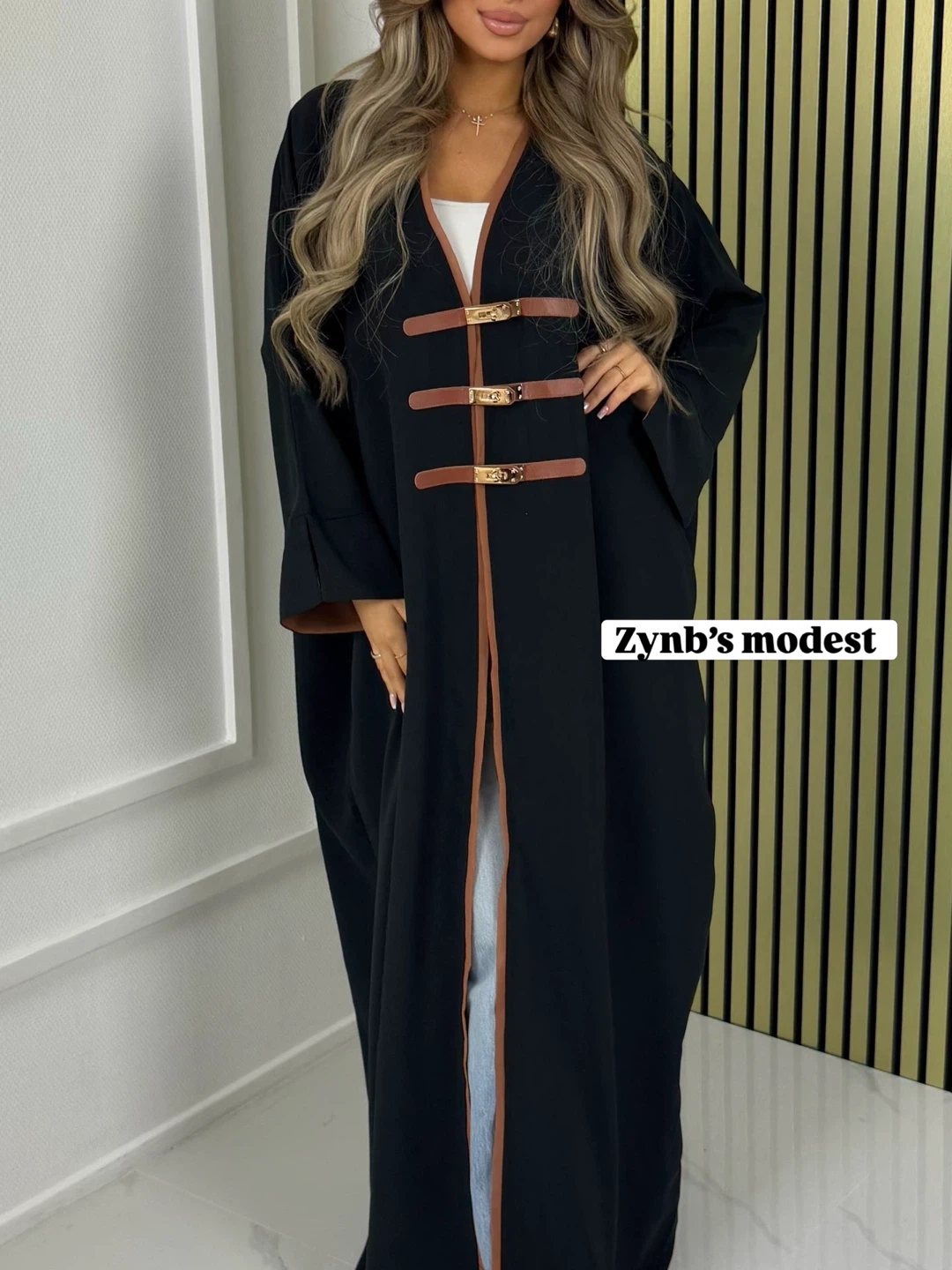 Black Abaya with Brown Trim and Buckle Detail