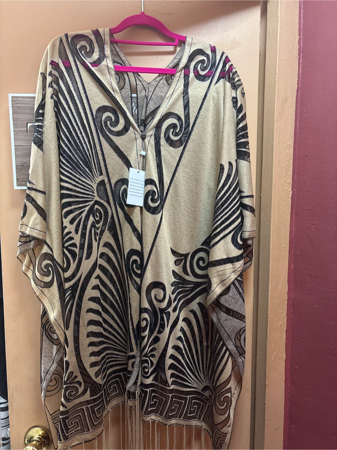 Beautiful Unique  Beige and Black Print Poncho with Fringe