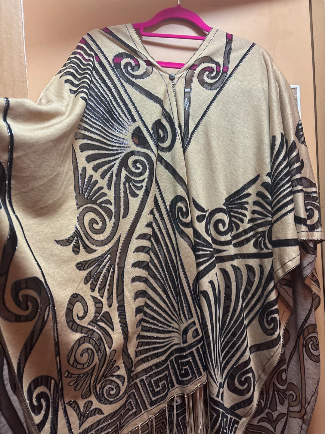 Beautiful Unique  Beige and Black Print Poncho with Fringe - photo 2