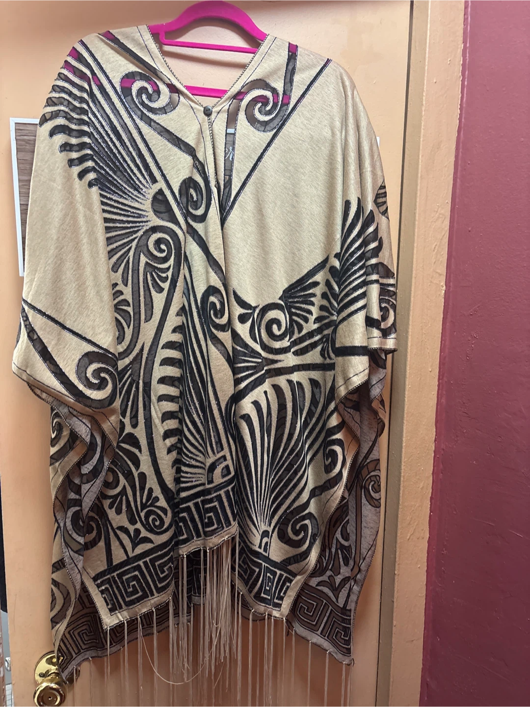 Beautiful Unique  Beige and Black Print Poncho with Fringe - photo 3