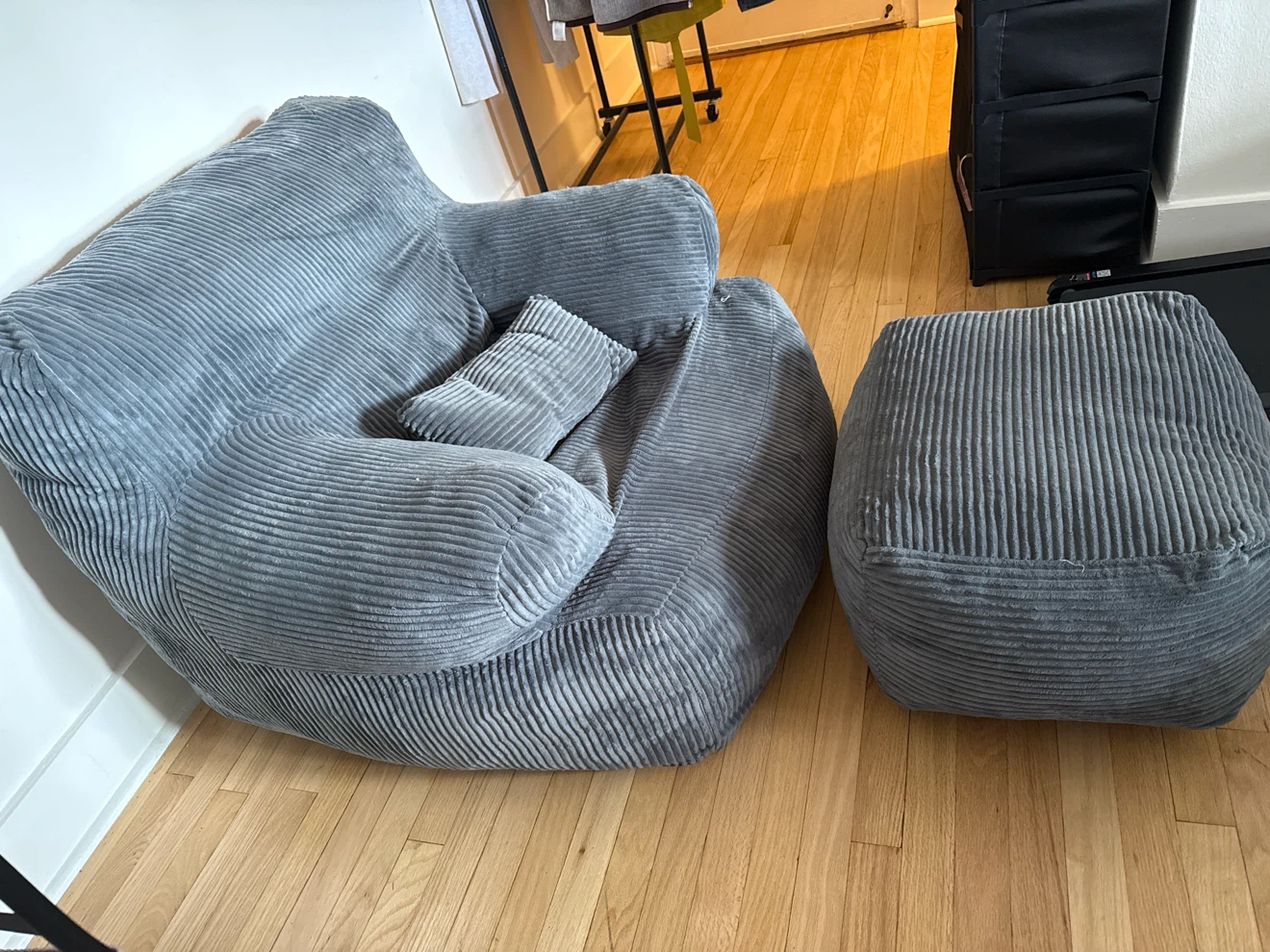 Gray Corduroy Bean Bag Chair with Ottoman - photo 2
