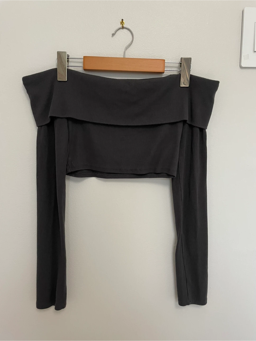 GARAGE | S Grey Fold-Over Off-the-Shoulder Cropped Top