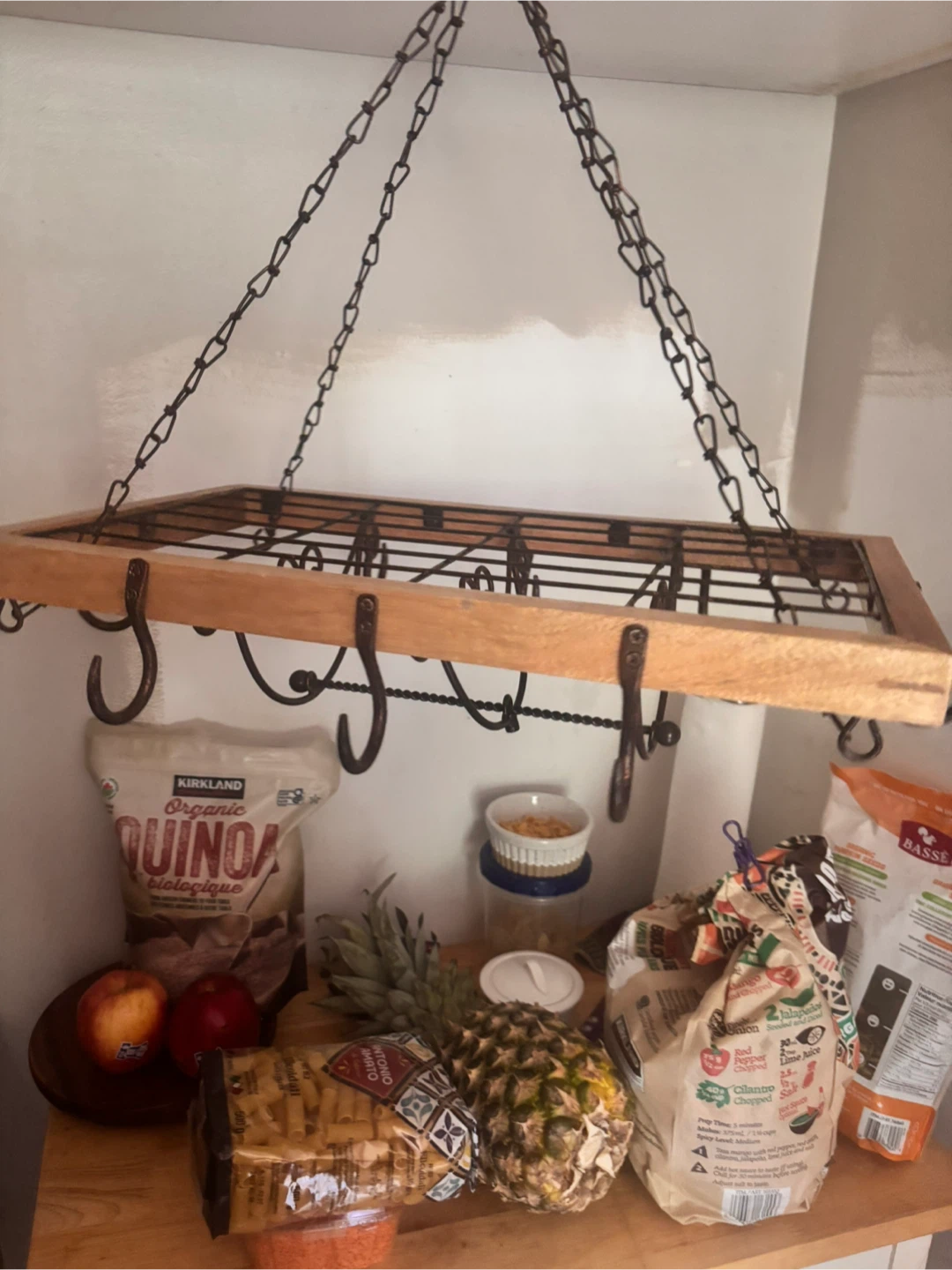 Hanging Pot Rack with Wooden Frame