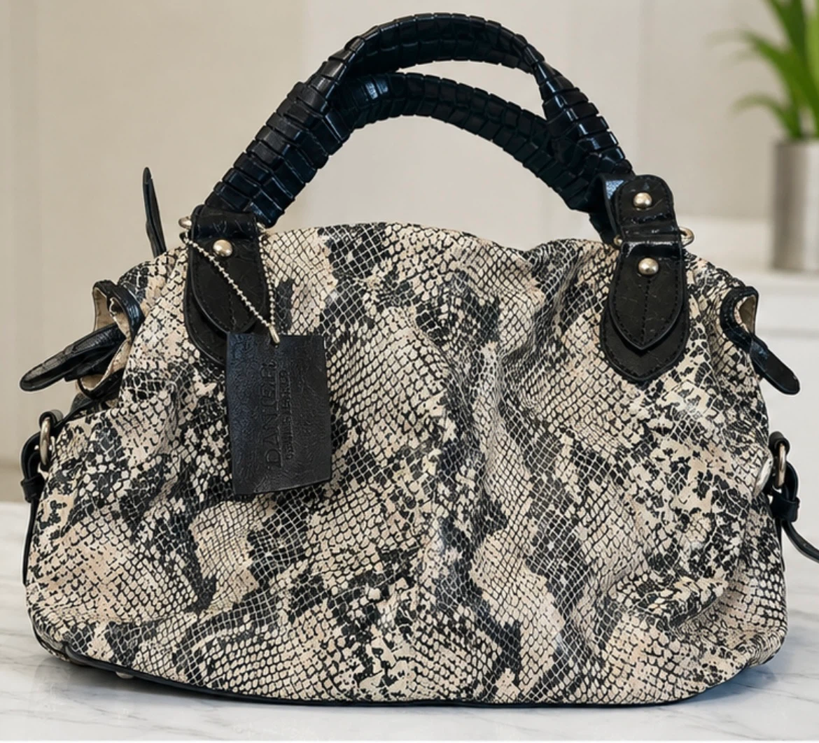DANIER Genuine Leather Snake Print Shoulder Bag