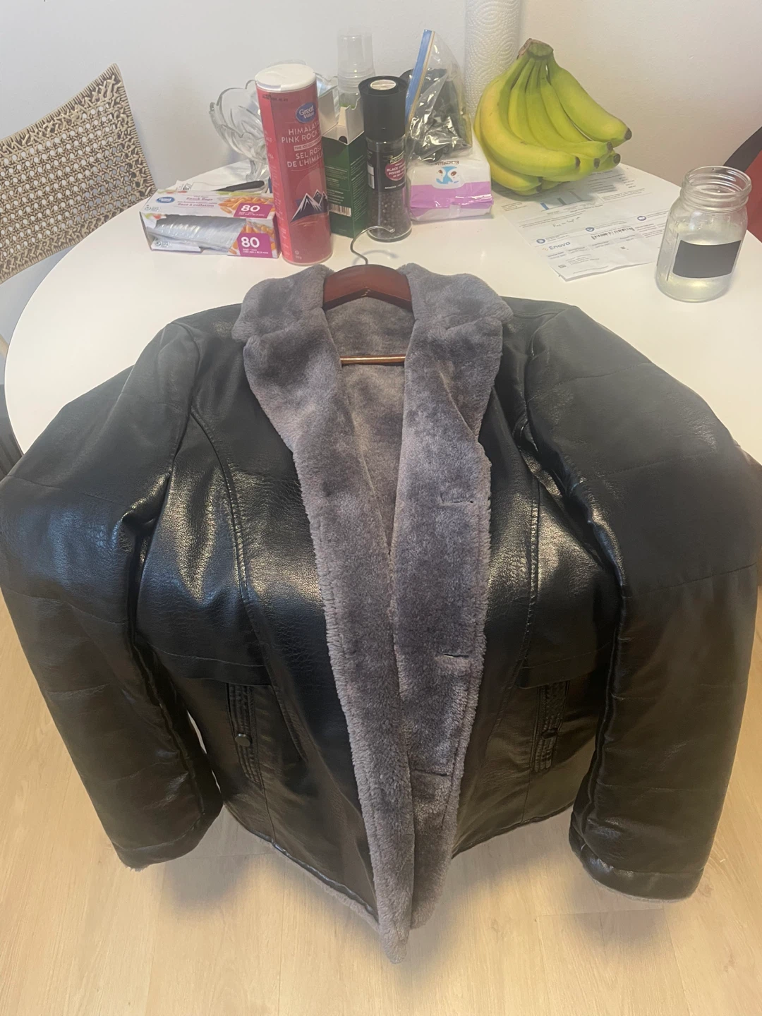 Black Faux Leather Jacket with Grey Fur Lining