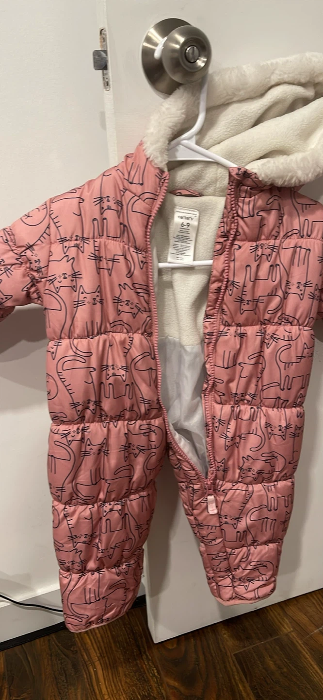Carter's Pink Cat Pattern Puffer Snowsuit Size 6-9 Months