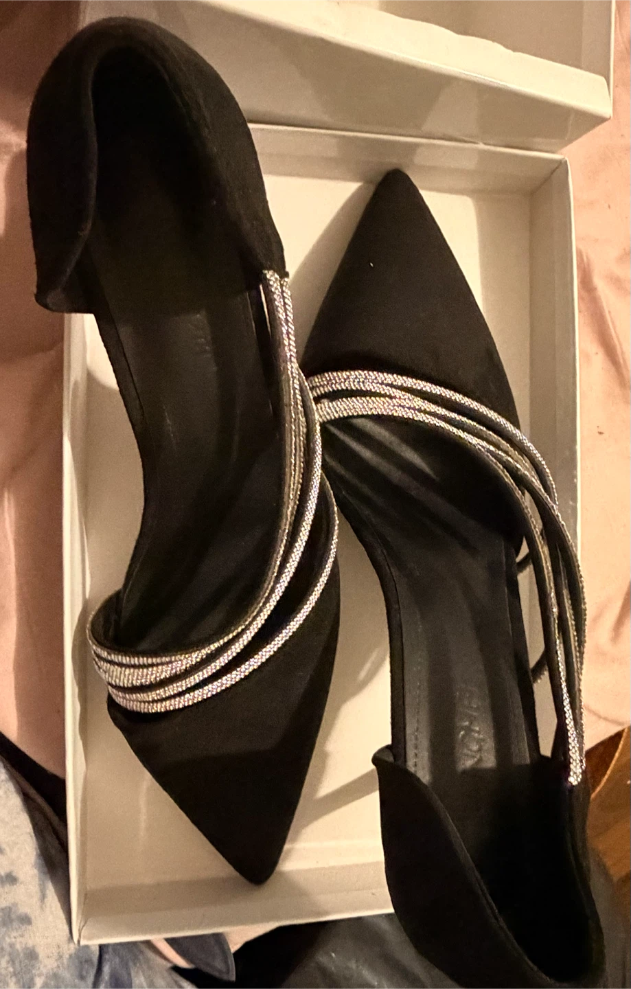 Black Pointed Toe Heels with Rhinestone Straps