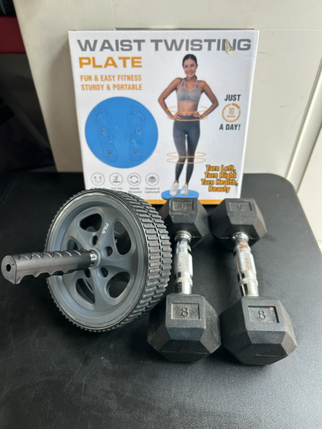 Waist Twisting Plate, Ab Roller, and 8lb Dumbbells Set