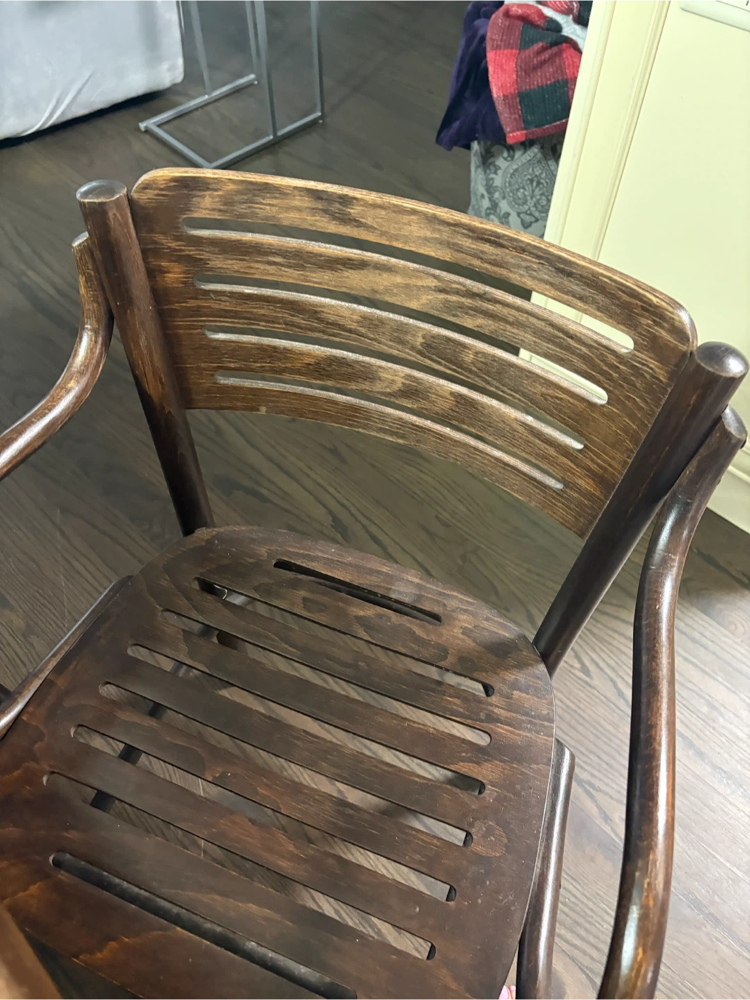Wood dining table with metal legs and four dining chairs. chairs