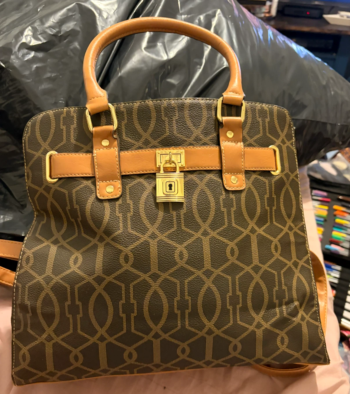 Brown Faux Leather Logo Print Satchel Handbag