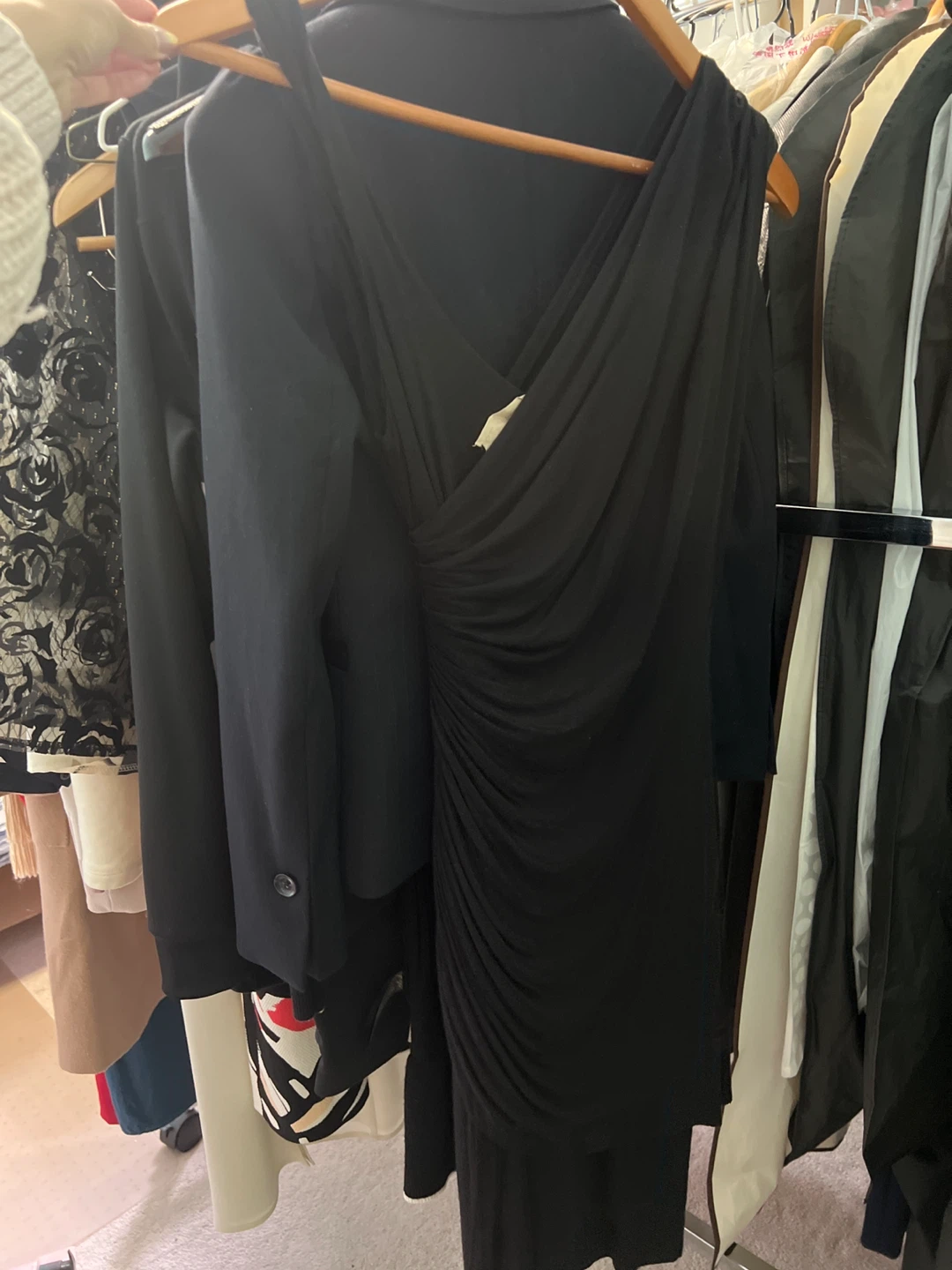 Black asymmetry Ruched V-Neck Dress