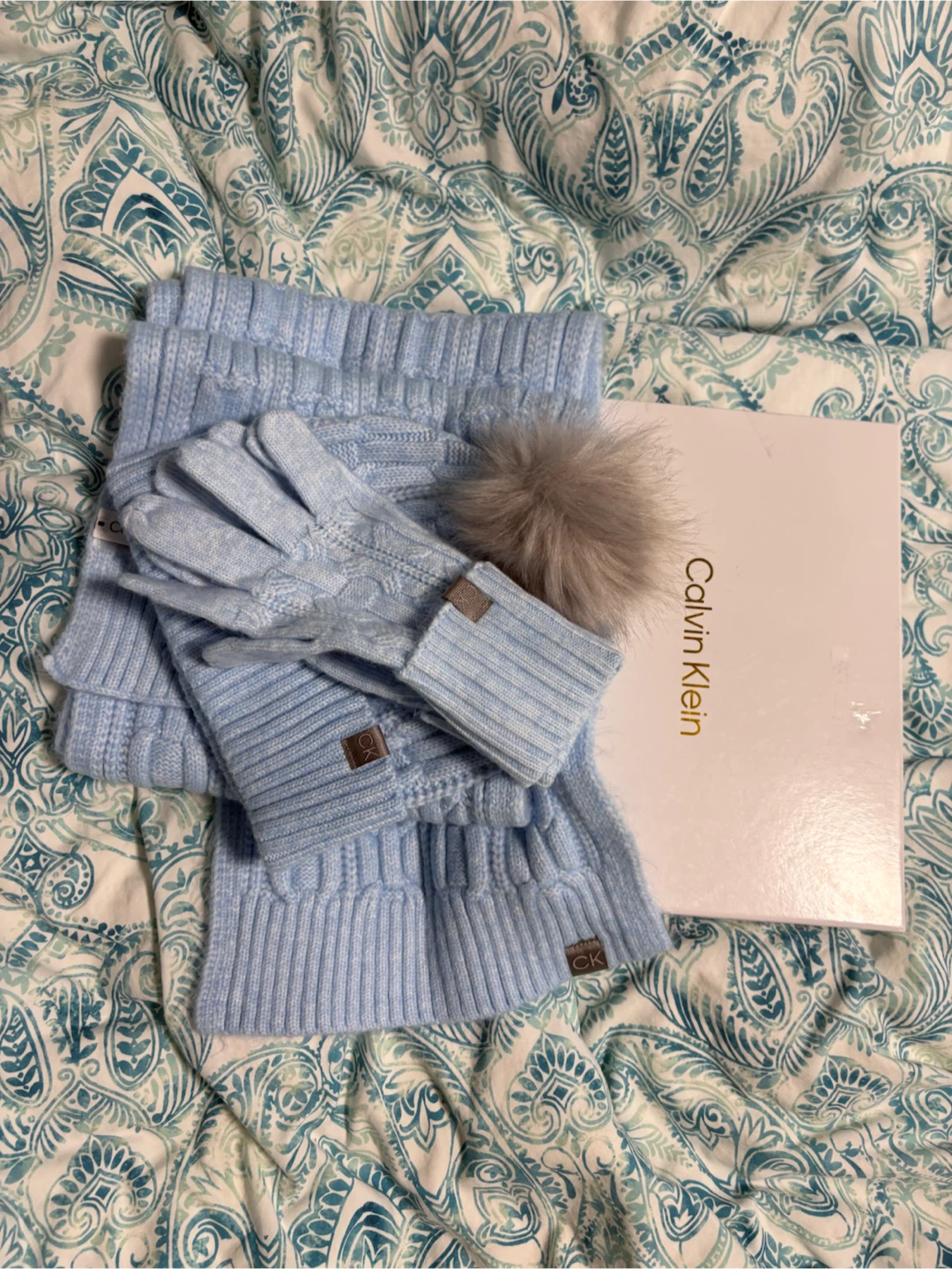 Calvin Klein brand, new hat, gloves, and scarf set
