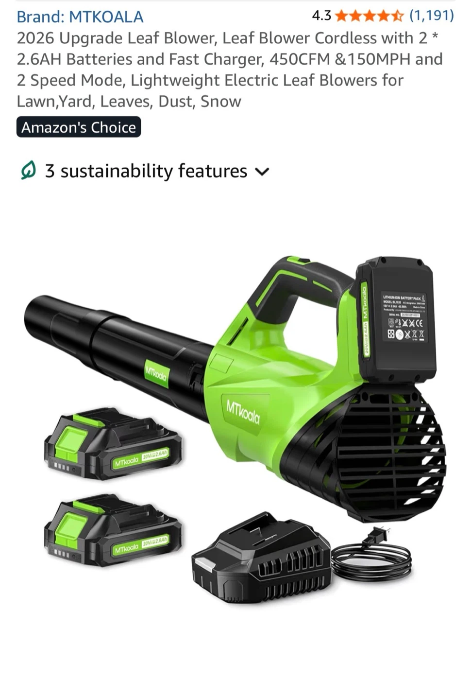 MTKOALA Cordless Leaf Blower w/ 2 Batteries & Charger