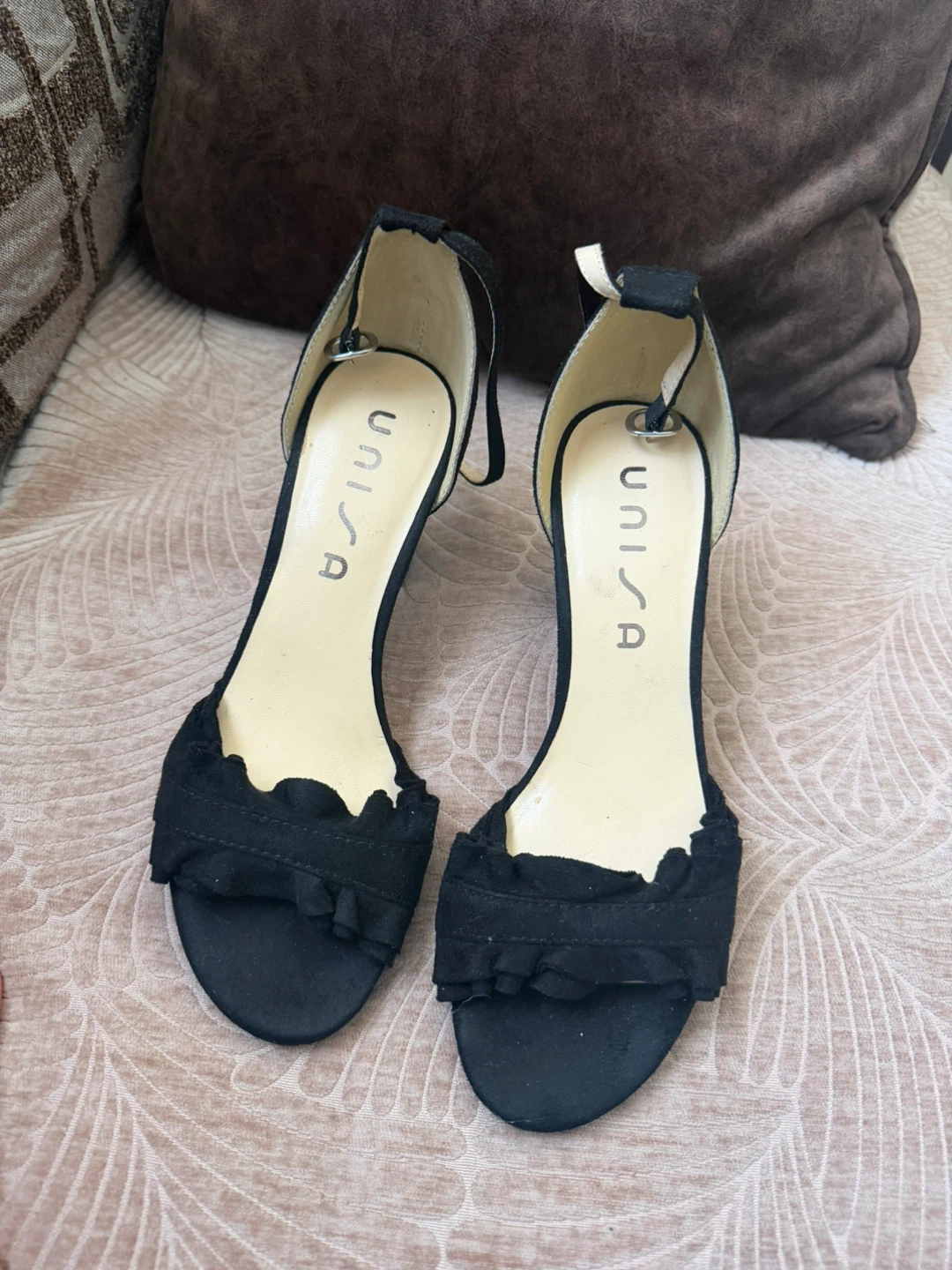 UNISA Black Ruffle Ankle Strap Heels