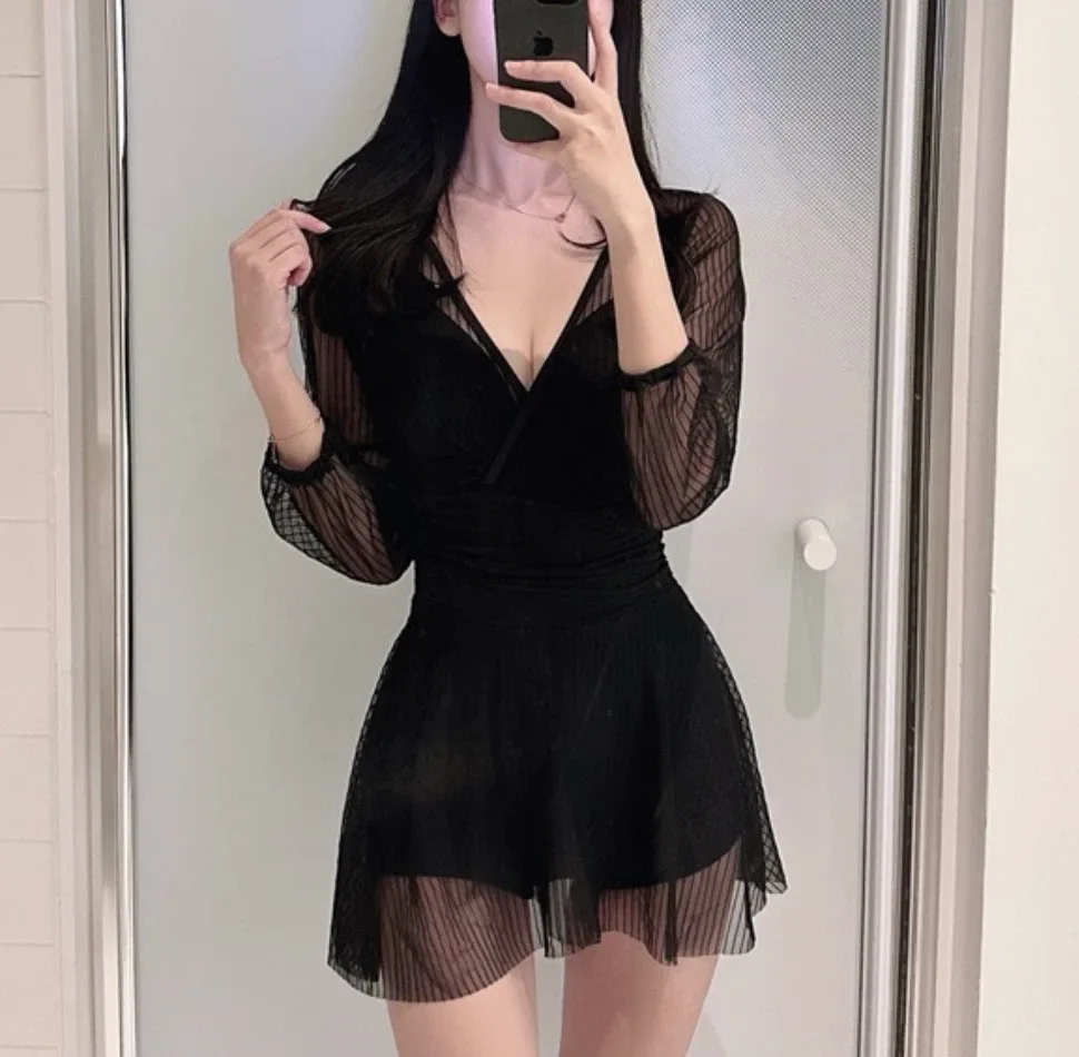 Black Mesh Sleeve One-Piece Swimsuit - photo 3
